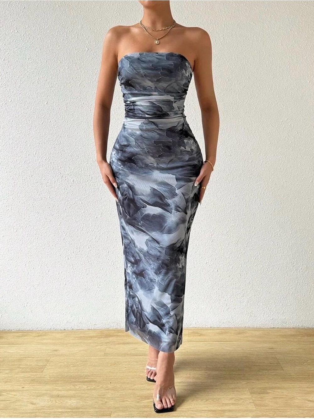 Sleeveless Marble-Print Strapless Midi Dress in Grey